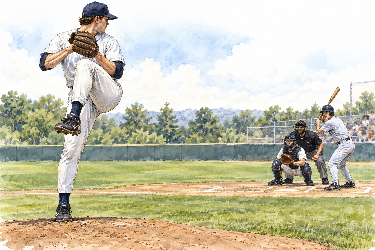A baseball pitcher on the mound winds up to throw toward a batter, accurate throwing posture, plain uniform without words or numbers.