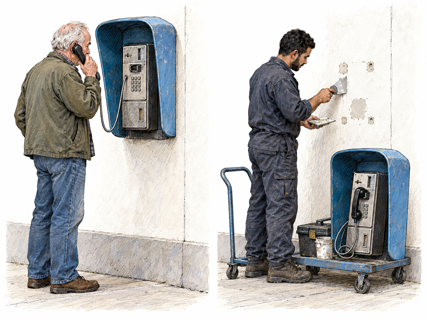 Discontinuation shown as the ending of a public payphone's use and availability: a compact before-and-after pair contrasts the phone in use with its removal and the stripping of its mounting site.