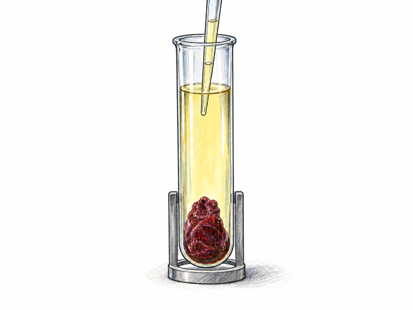 A close-up of an unlabeled glass specimen tube containing a visibly contracted dark-red blood clot with clear, pale straw-yellow fluid above and around it.