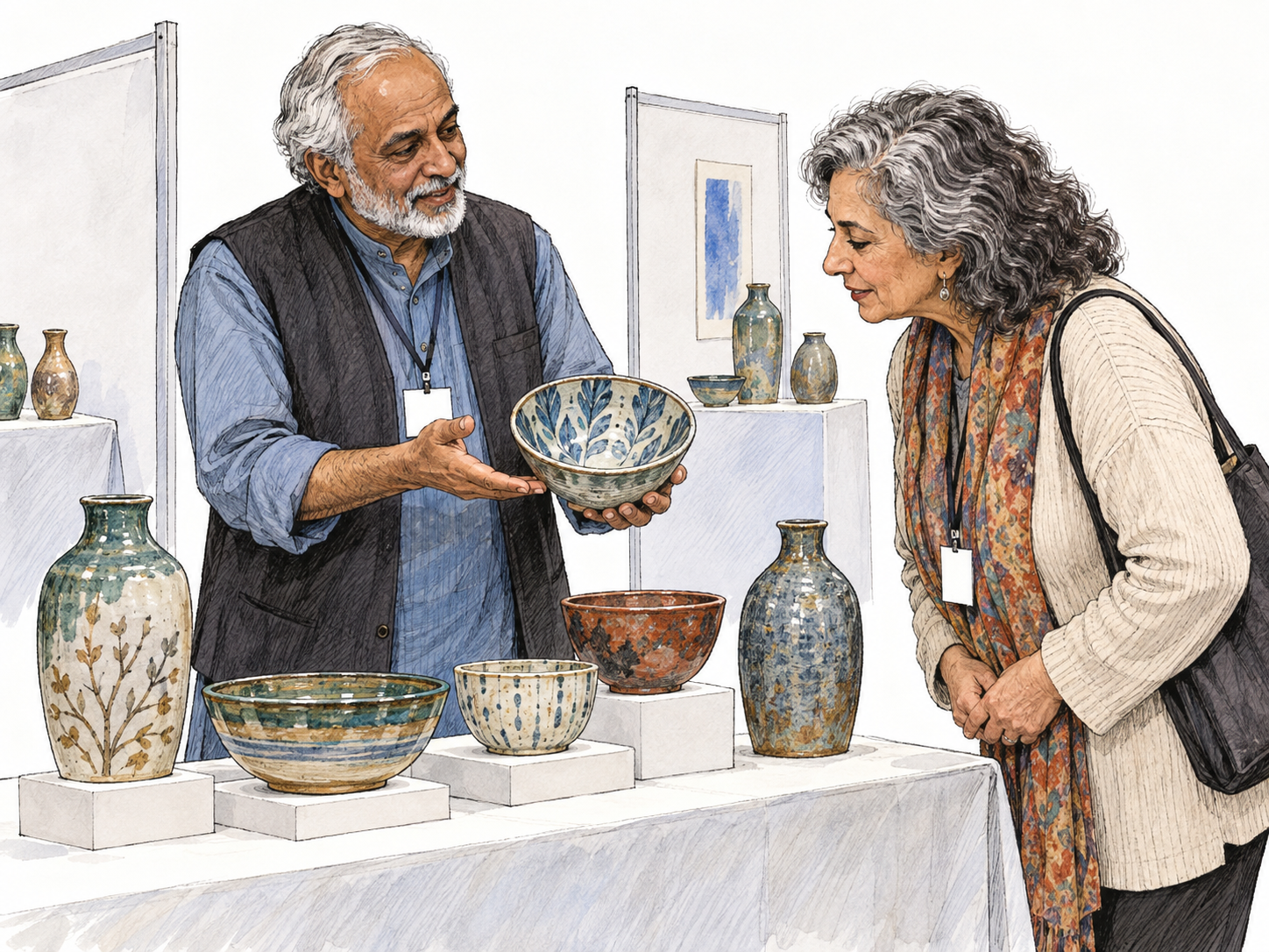 At a public ceramics exhibition booth, an exhibitor stands behind a display of handmade vessels and presents one to an interested visitor.