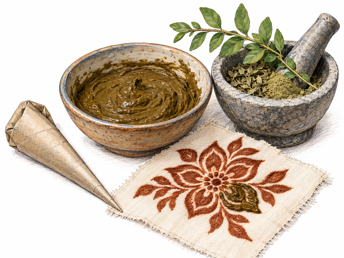 A compact henna-dye still life: crushed leaves and powder beside a bowl of earthy paste, an applicator cone, and pale cloth bearing a freshly revealed reddish-brown ornamental stain.