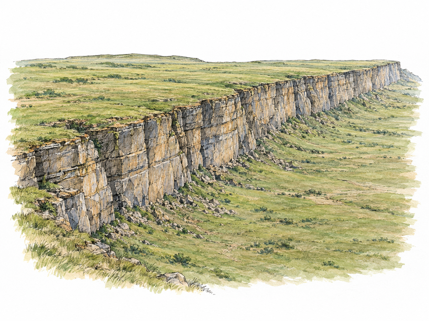 An oblique view of a long, continuous steep rock face separating a broad upper plateau from a broad lower plain, with both land levels clearly visible.