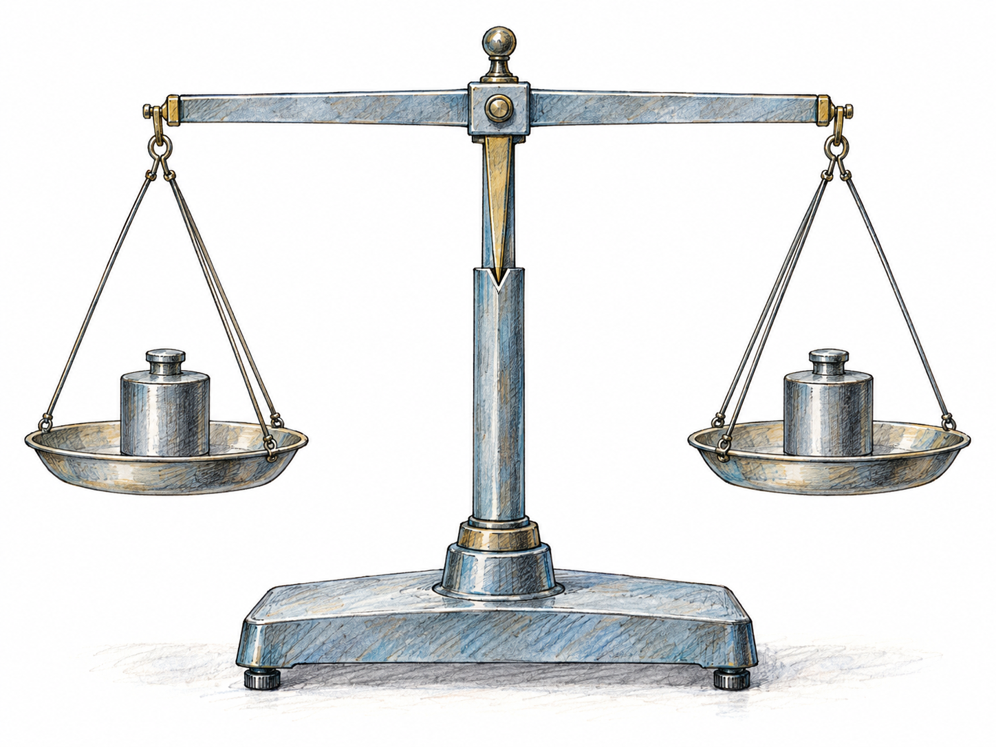 A precision balance holds one identical plain metal weight on each pan, with the beam perfectly level and its central pointer exactly aligned with a single reference notch, making exact agreement immediately visible.