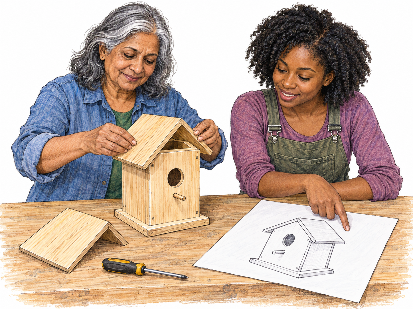Two adults build a wooden birdhouse from a visible pictorial plan: the drawing of the completed birdhouse, matching partly assembled structure, and prepared roof pieces make the planned work and its specific goal visible together.