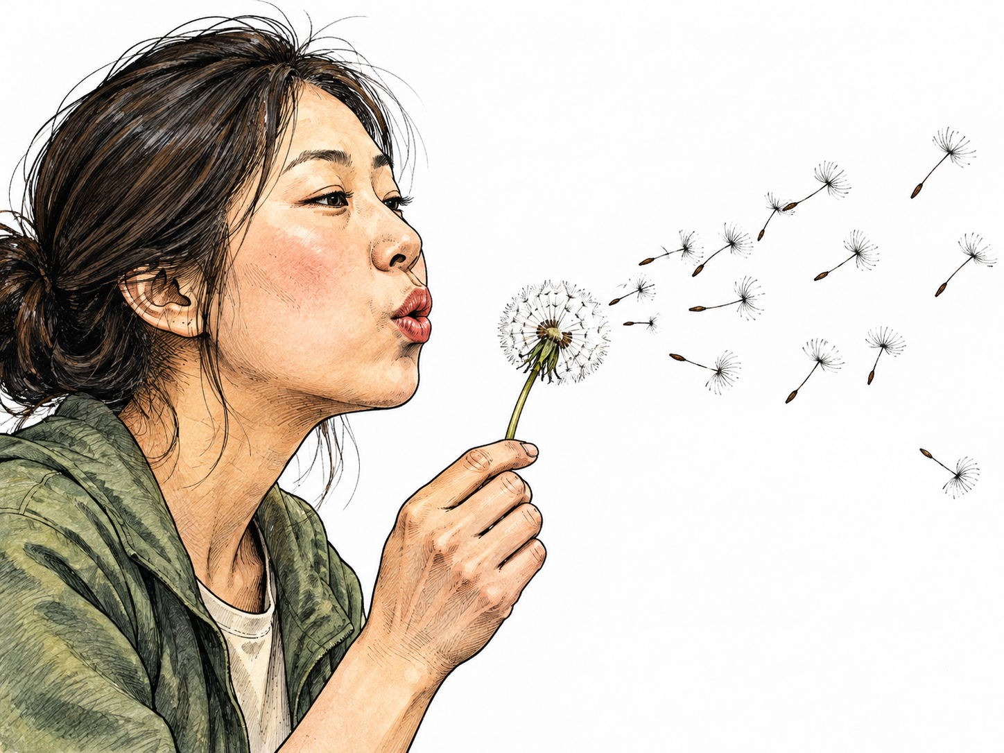 An adult East Asian woman blows through pursed lips at a dandelion seed head; loose seeds drift away in the direction of her breath.
