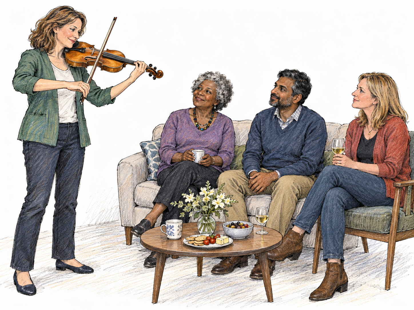 An intimate home gathering centered on a live violin performance: a standing violinist plays beside a small sofa while three guests listen with refreshments, making both the musical performance and the informal social occasion visible.