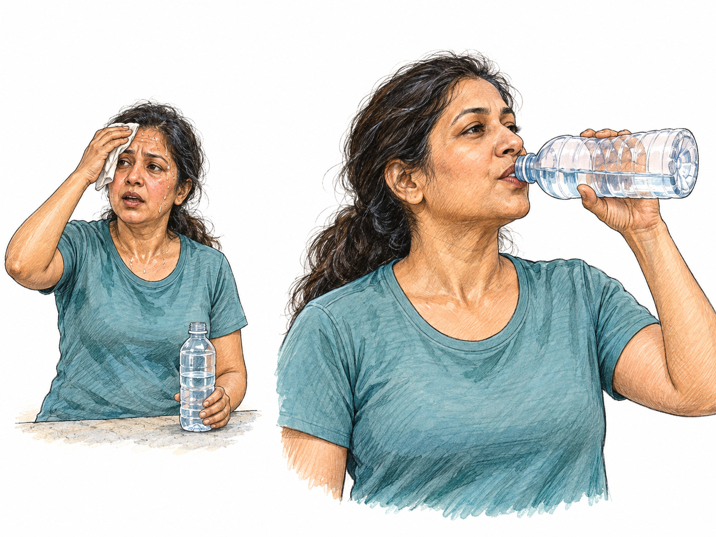 A thirsty walker quenches her thirst with a long drink of water, shown in a simple two-moment composition: flushed and parched before drinking, then visibly relaxed while drinking.