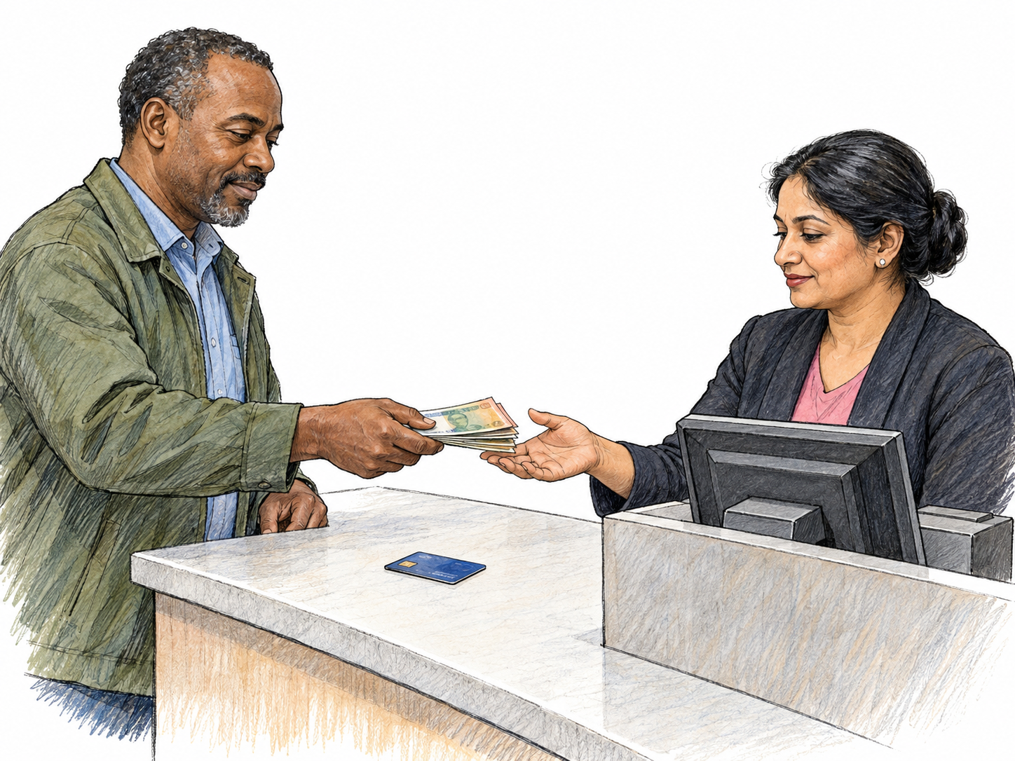 At a simple bank counter, a customer hands a small stack of banknotes to a teller to pay into his account.