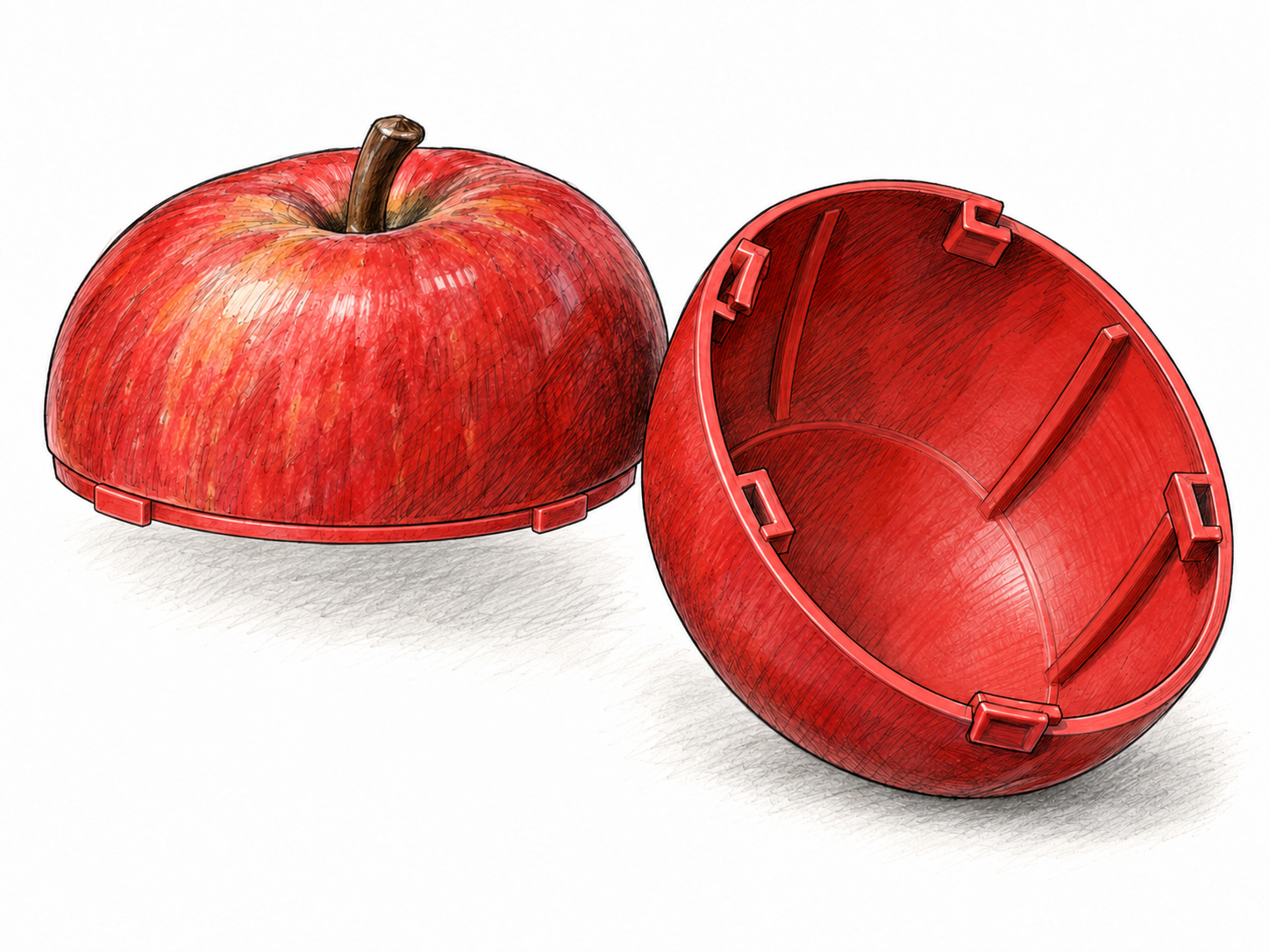 A realistic-looking red apple revealed to be a hollow plastic imitation: its two molded halves sit slightly separated, exposing thin plastic walls, internal reinforcing ribs, and snap-fit tabs.