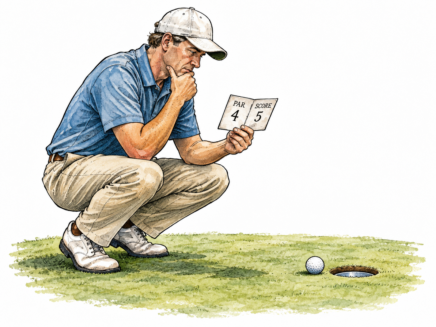 A golfer studies a small scorecard with exactly two entries: PAR 4 and SCORE 5; golf ball beside the hole.