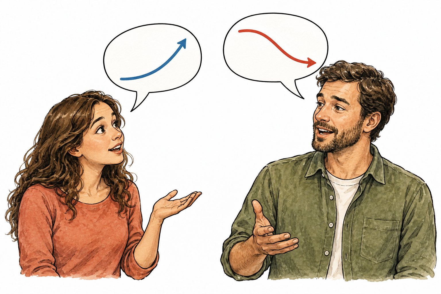 A person asks a question then makes a statement, two simple smooth pitch curves above speech bubbles show rising versus falling voice; no words.