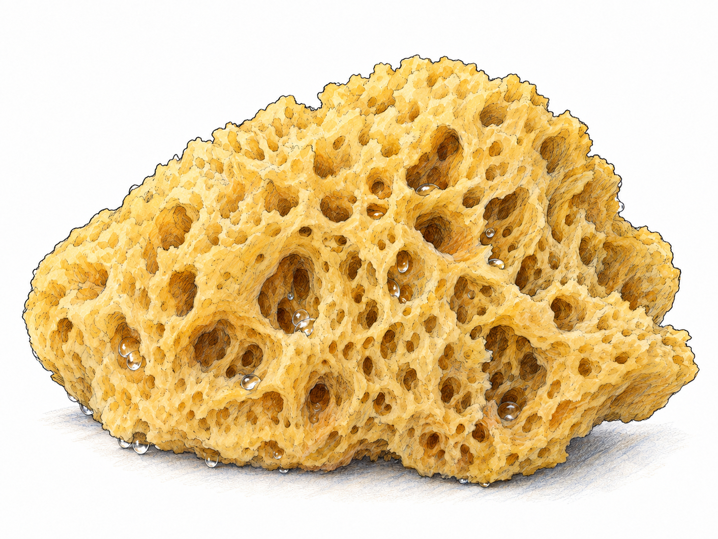A close-up of a lightly damp porous sponge, with tiny beads of water visibly held inside its open pores rather than a pool of liquid around it.
