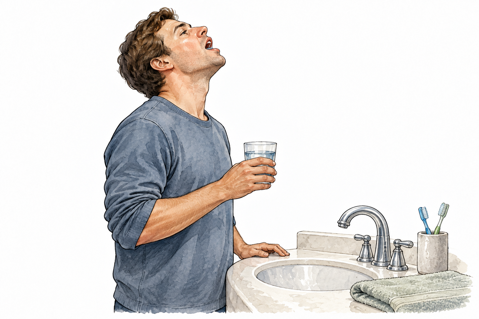 Adult tilts head slightly back while gargling water at bathroom sink, nearby glass, mouth modestly open.