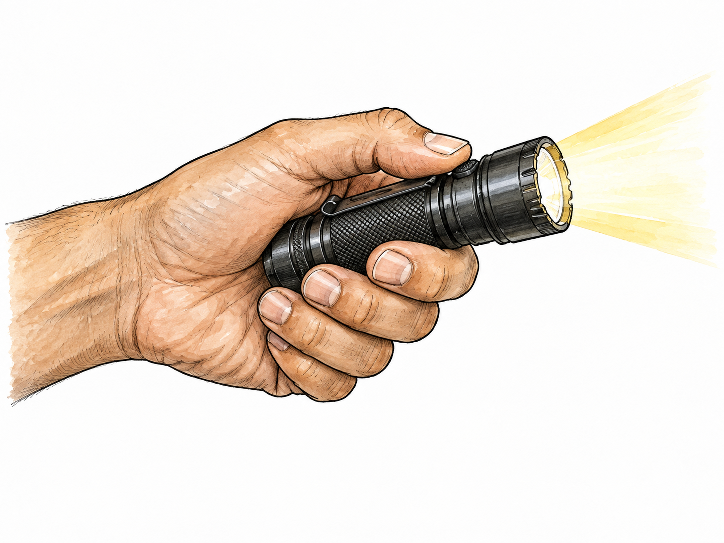A compact handheld flashlight fits comfortably in one adult hand, clearly usable one-handed.