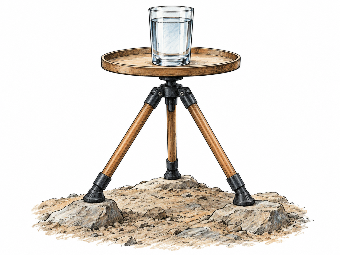 Solid tripod supports level small tray with full water glass on uneven ground patch, broad balanced stance keeps glass steady.