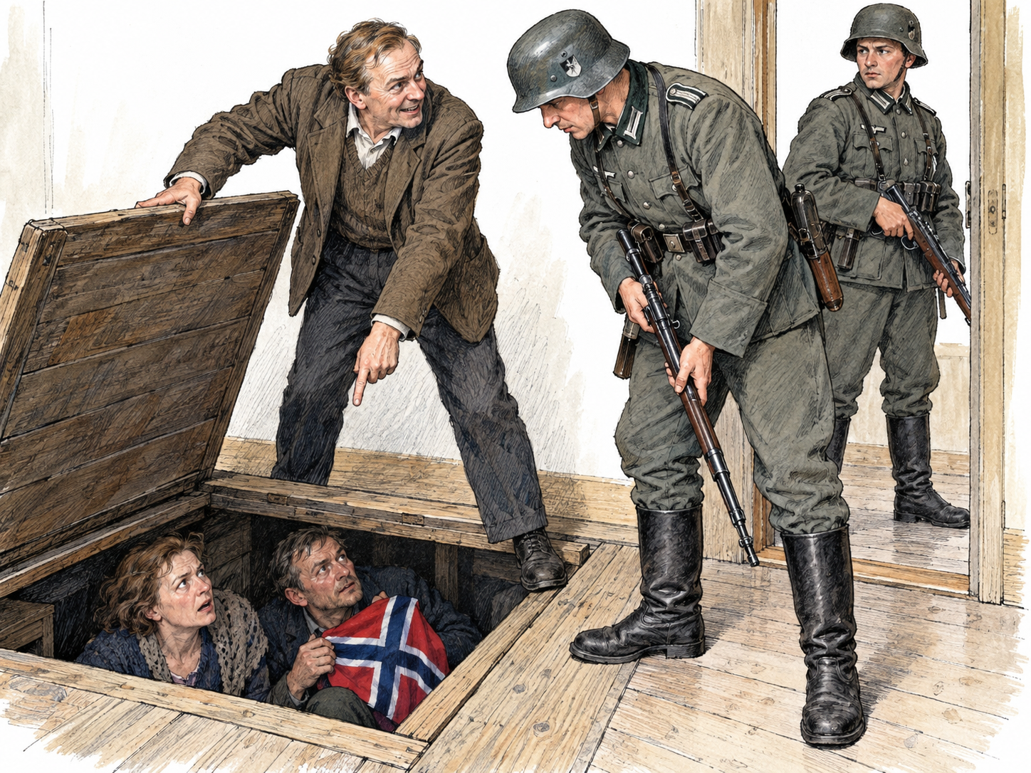 In occupied Norway during World War II, a local civilian collaborator opens a concealed cellar hatch and points out hiding compatriots to armed German occupation soldiers.