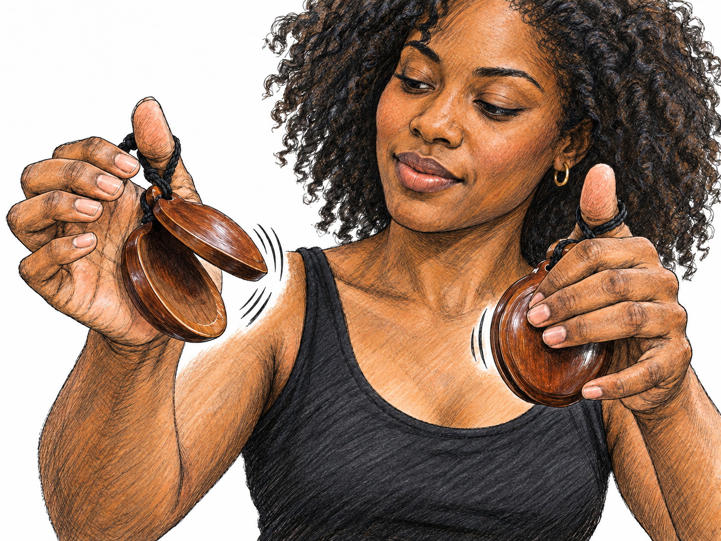 A close view of a woman rhythmically playing wooden castanets, with one pair striking shut and the other open, making the repeated hard clicking action visible.