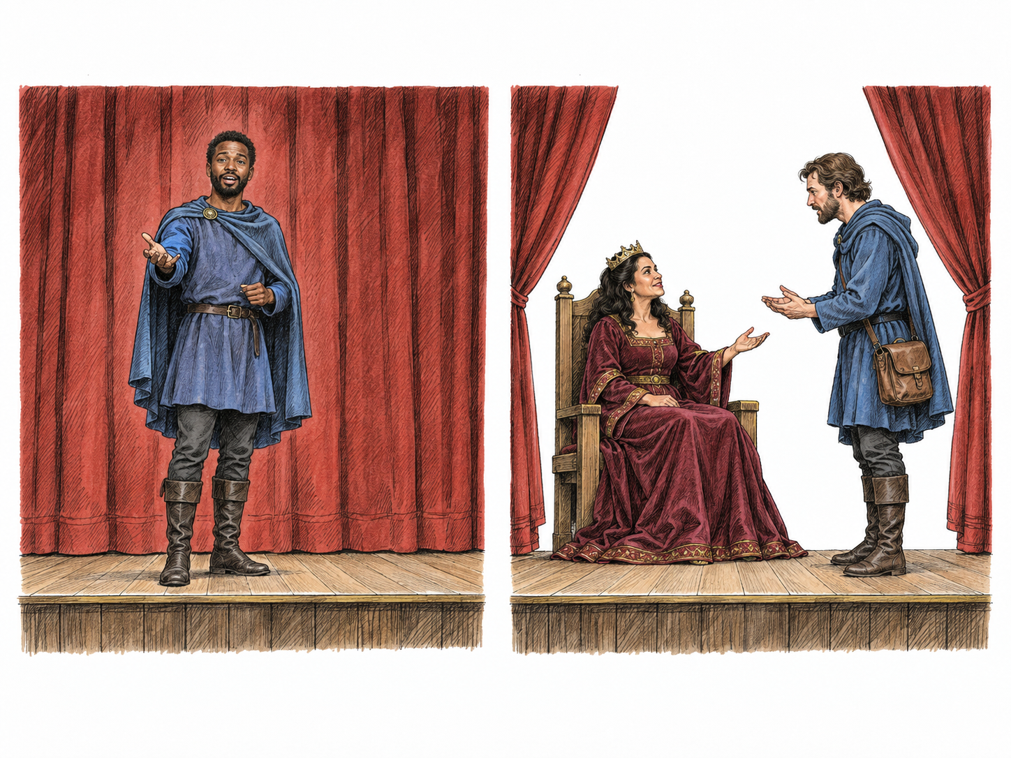 A compact two-stage theatrical sequence: a costumed narrator introduces a play before the closed curtain; then the curtain opens onto the main dramatic action.