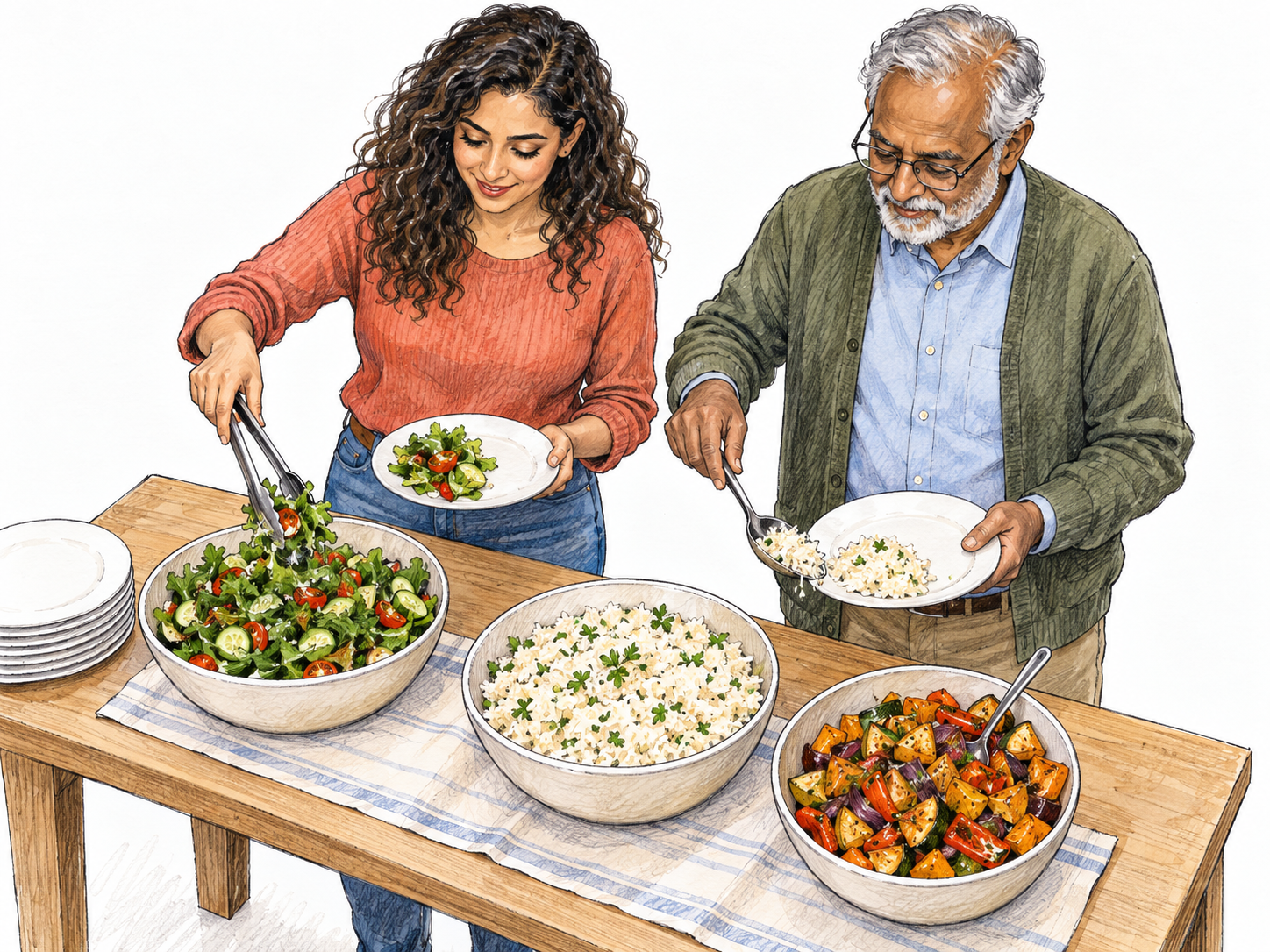 Two diners serve food onto their own plates from a row of shared dishes on a buffet table.