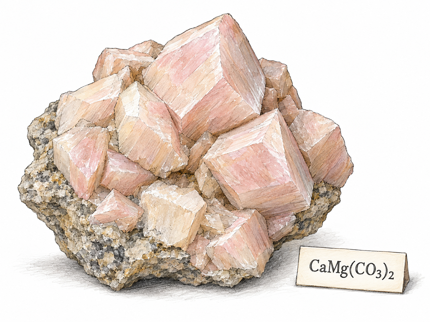 A single dolomite mineral specimen with pale pink-to-cream rhombohedral crystals on a rough rock matrix.