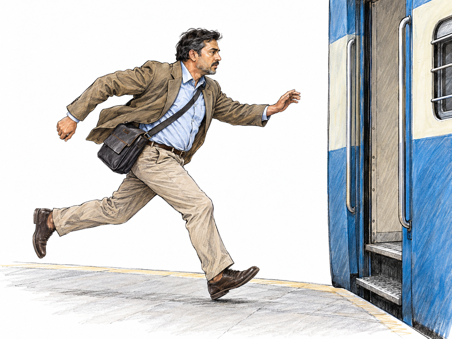 A commuter hurries toward an open train doorway, captured in a long running stride with his coat tails and shoulder bag trailing behind.
