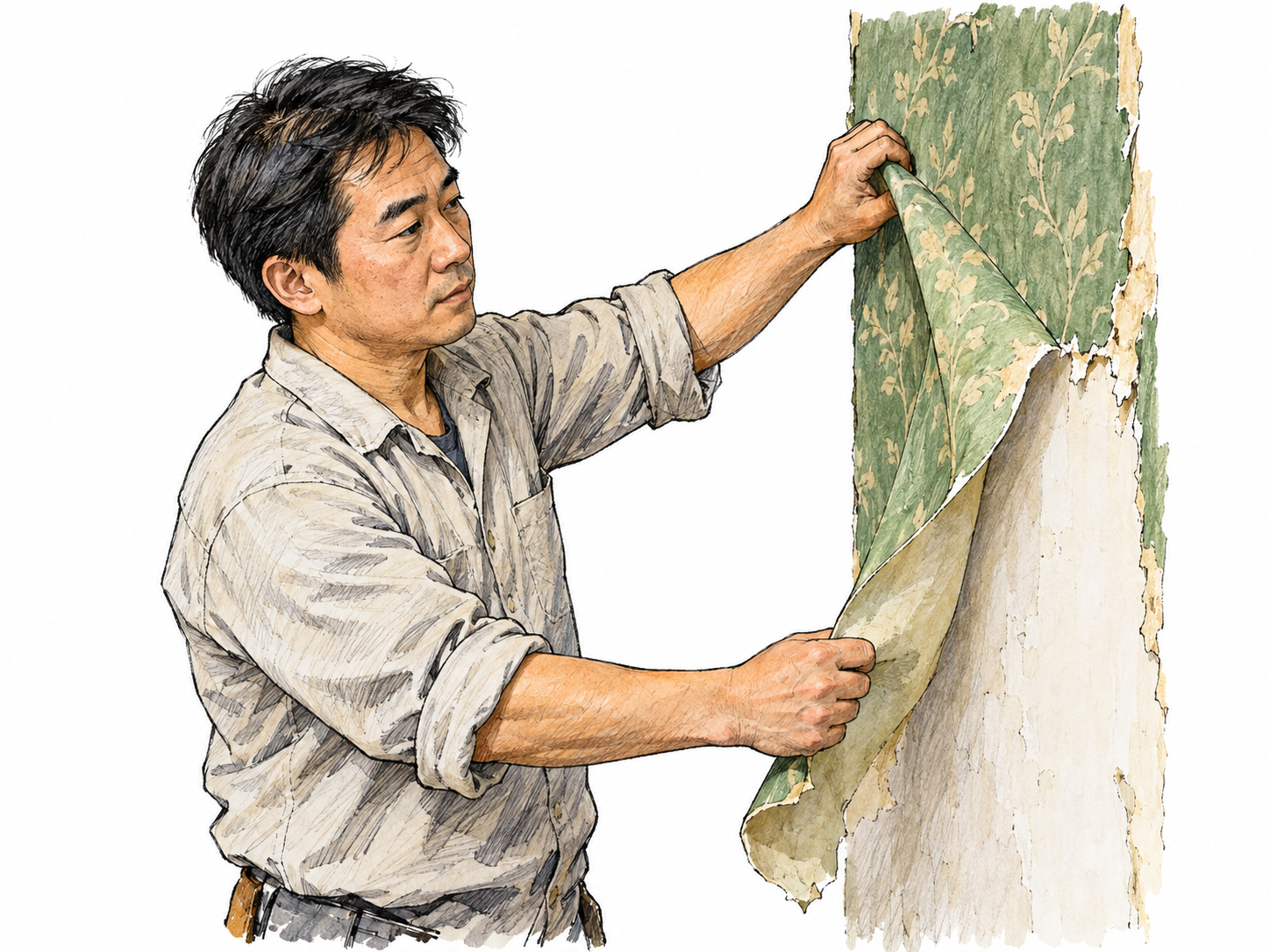 A decorator pulls a broad sheet of old green wallpaper downward from a small section of wall, revealing plain pale plaster beneath.