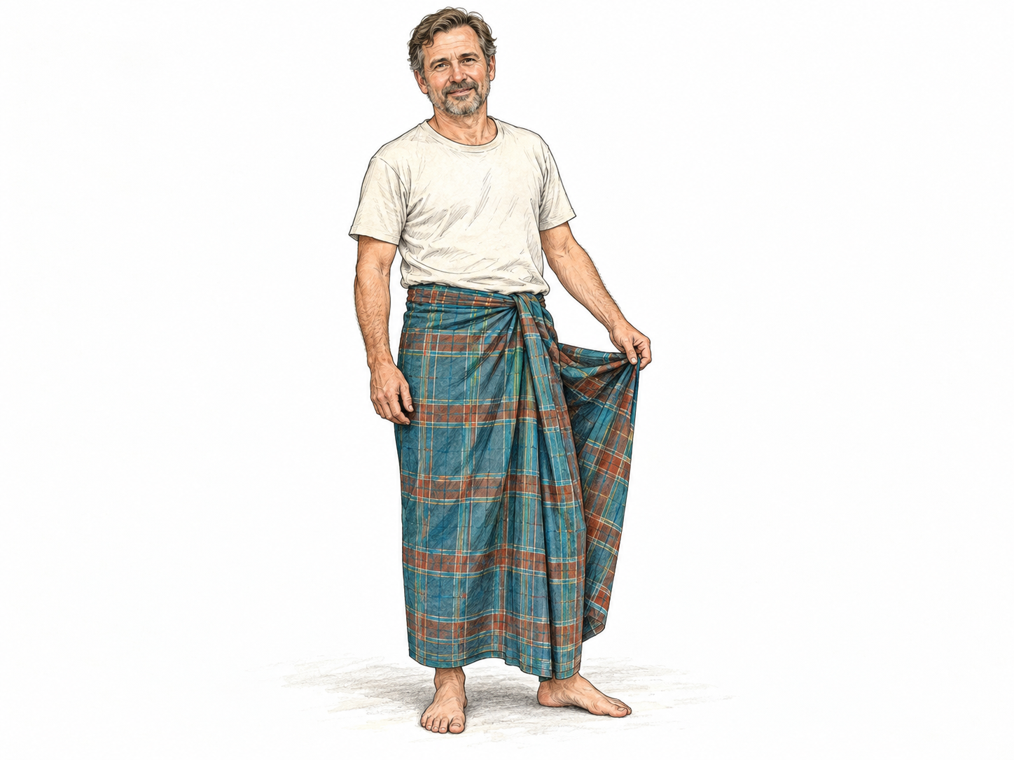 A man wearing a loose, ankle-length sarong, lifting its outer corner slightly to show the overlapping wrap and tucked waist.