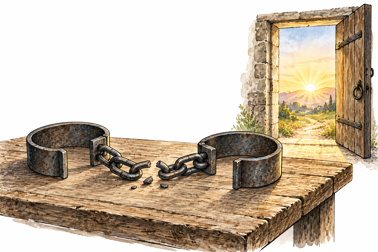 Open iron shackles on a table with broken connecting chain, dawn and open doorway beyond, quiet symbolic freedom from bondage.