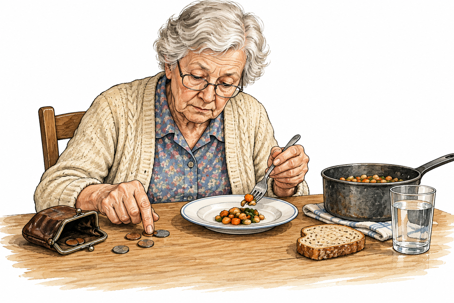 A white older adult carefully portions a small meal and counts a few coins to stretch a tight budget.