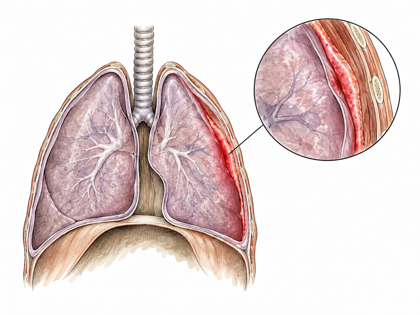 A clinical anatomical teaching illustration shows localized inflamed pleural lining around a lung with subtle red highlight, no open wound.