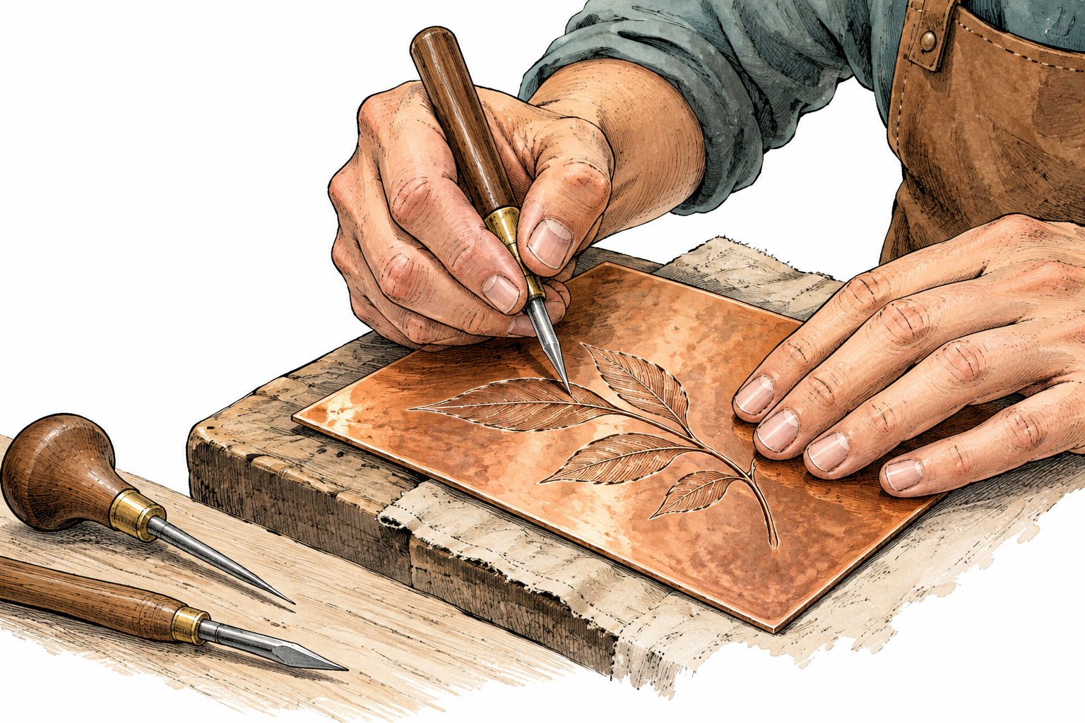 Craftsperson using a pointed engraving tool to cut a leaf design into copper plate, hands and etched groove focus, no writing.