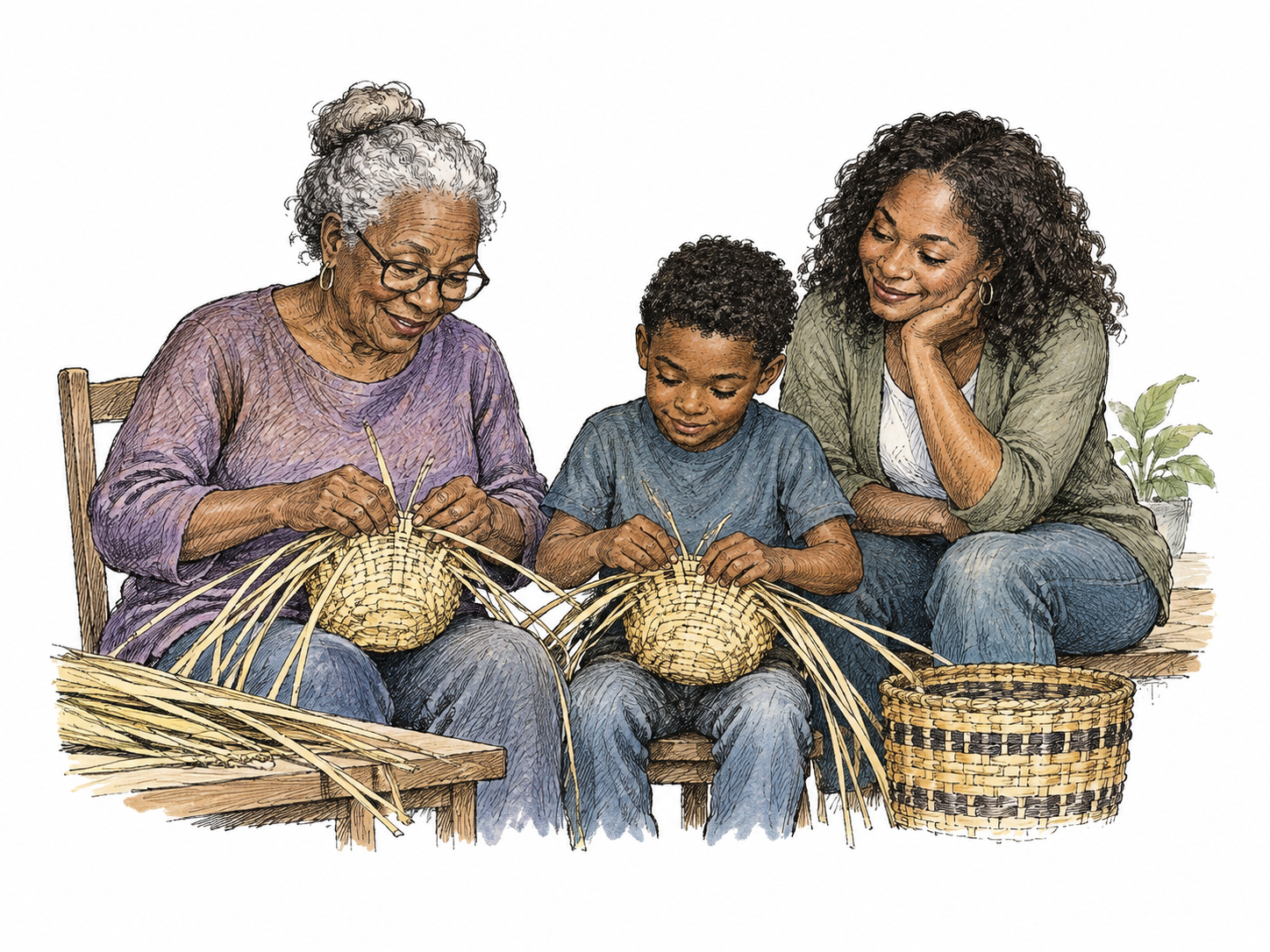 An elder teaches a child a traditional basket-weaving pattern, both hands actively repeat the same weave while a parent watches, demonstrating a craft being kept going through generations.