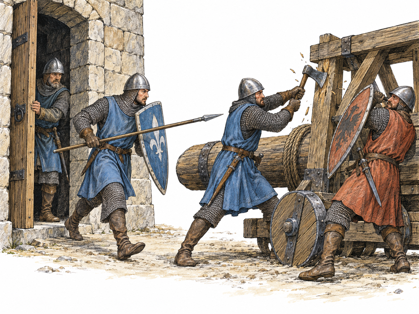 A small defending party rushes out through a fortress side gate to strike besiegers at a nearby battering ram, while a defender holds the gate for their return.