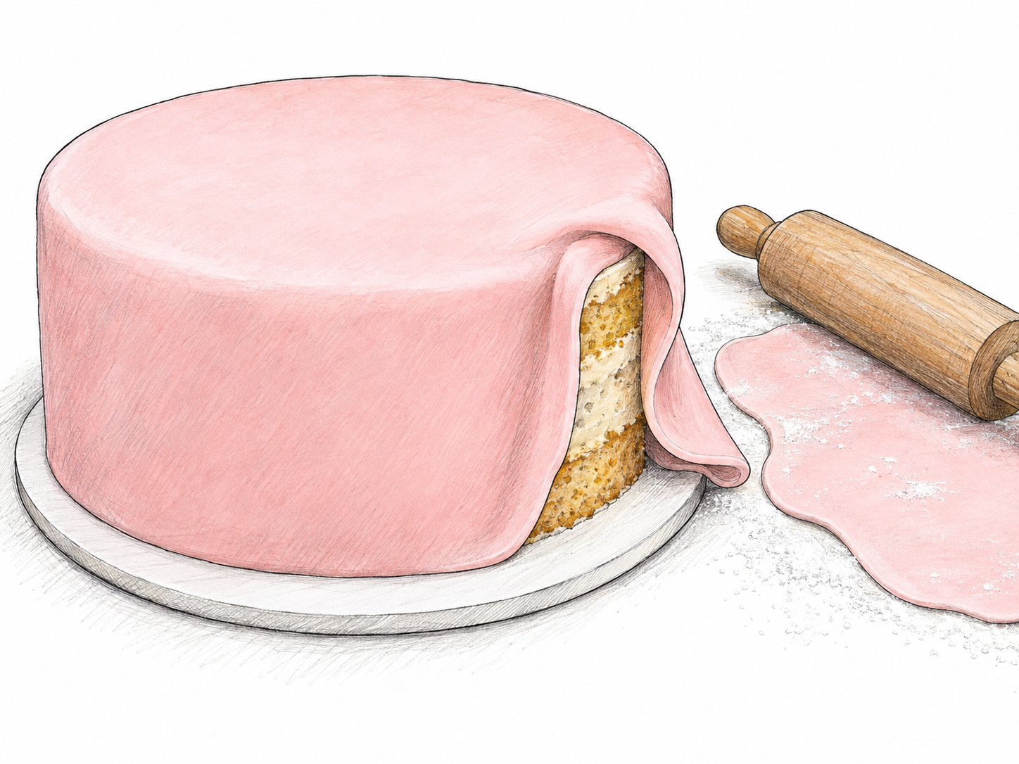 A partly covered round cake with a smooth sheet of pale pink fondant draped over its top and sides; one lifted fold exposes the cake beneath.