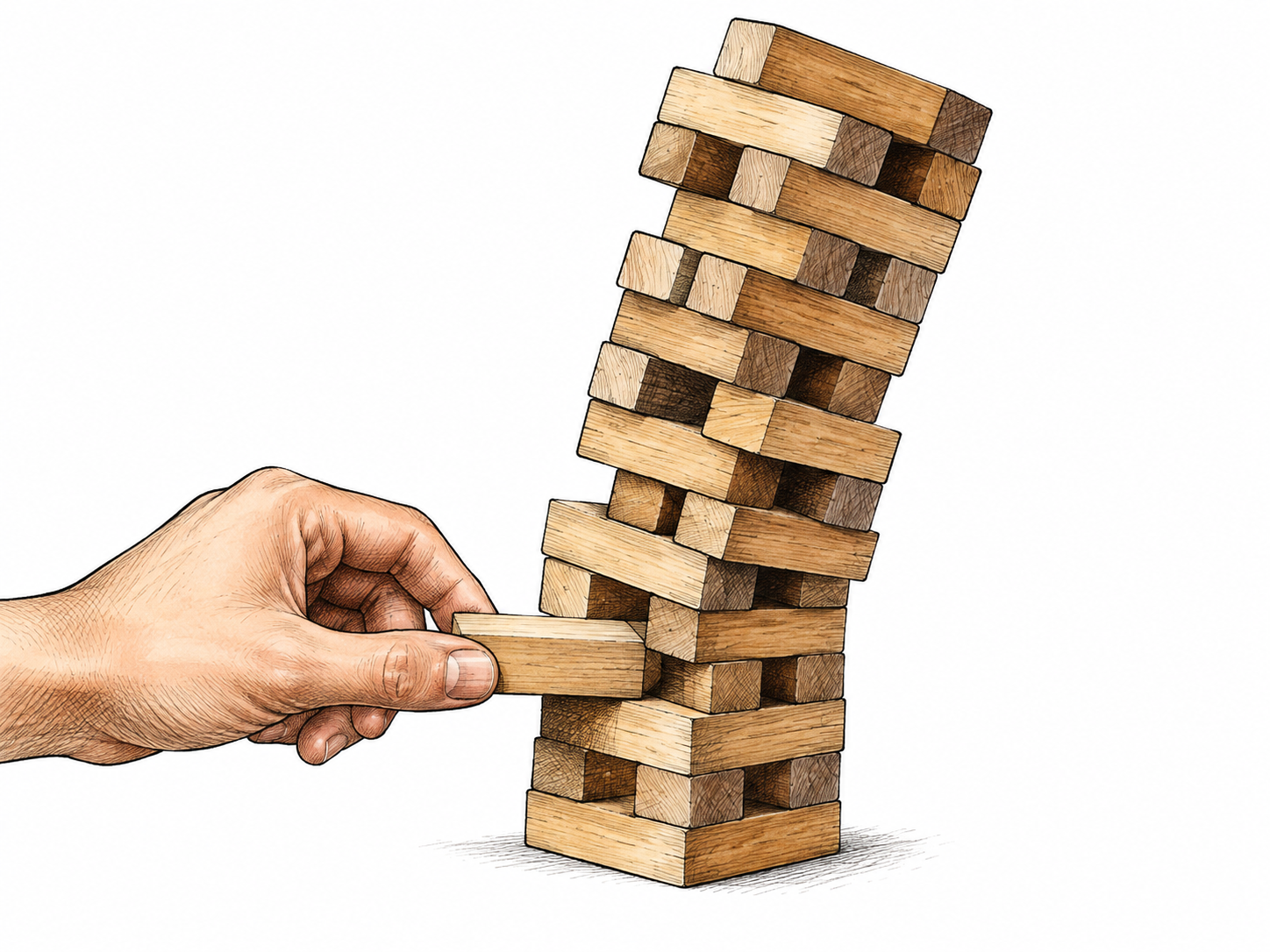 One hand pulls a supporting wooden block from base of small block tower, tower begins visibly tilting; destabilizing action clear, no people threatened or room backdrop.