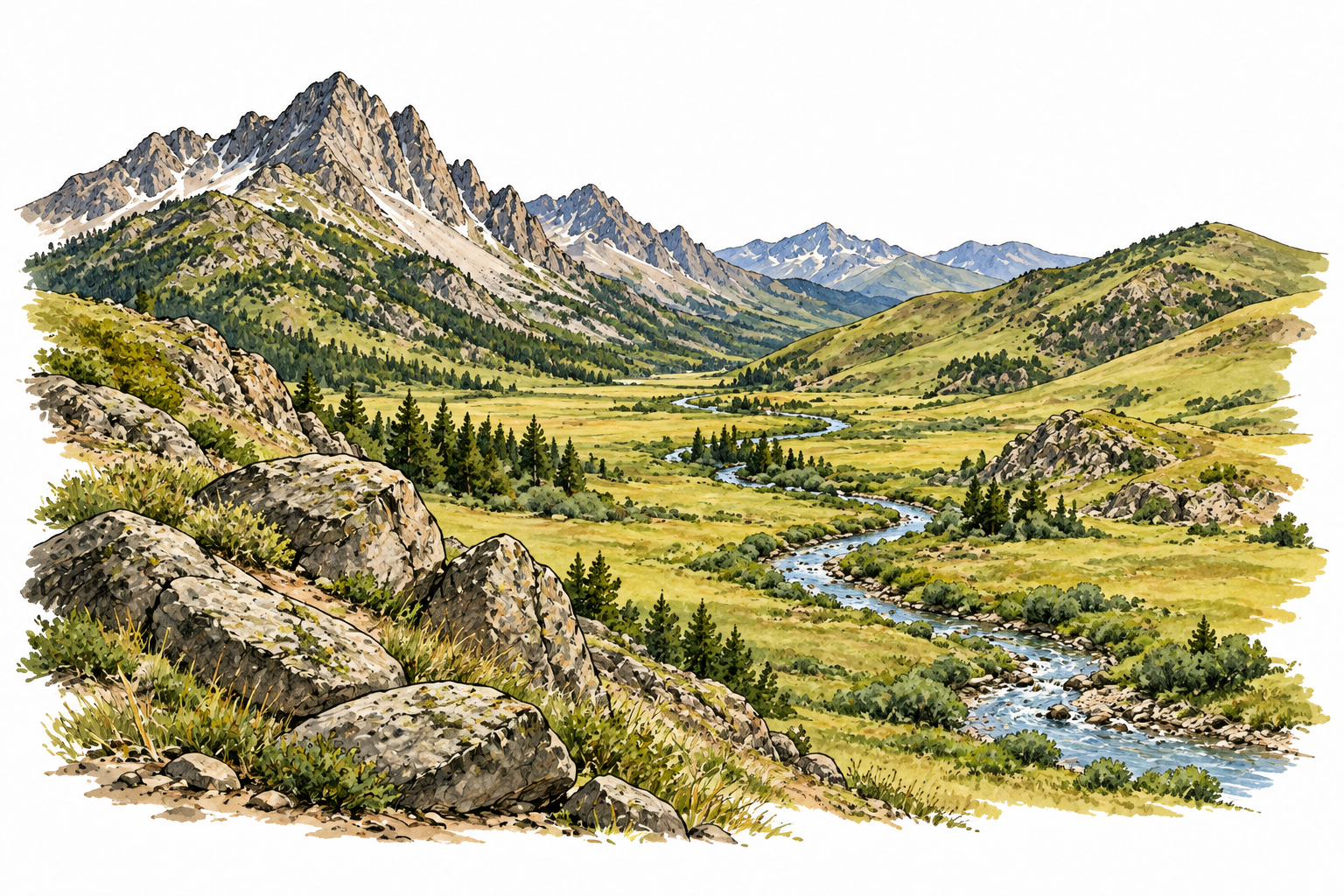 Wide physical landscape with rocky mountain ridges, rolling hills, flat valley and stream, distinct ground features.