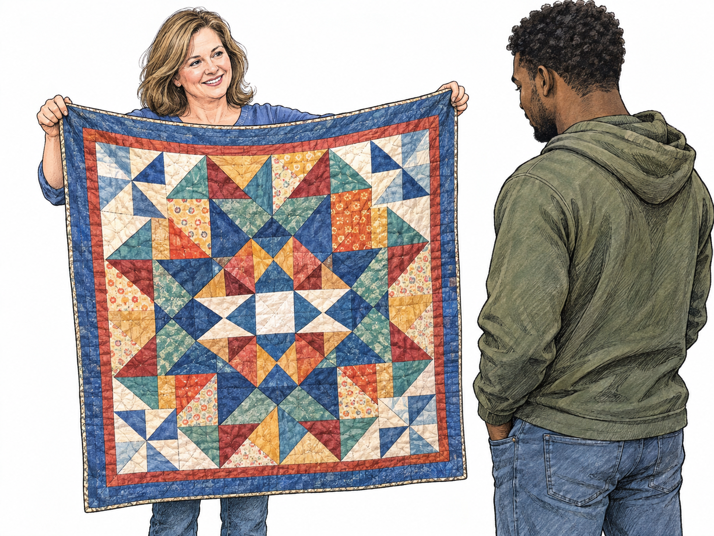 A woman holds up a fully spread patchwork quilt toward a man who is looking at its visible pattern, clearly showing the object for someone else to see.