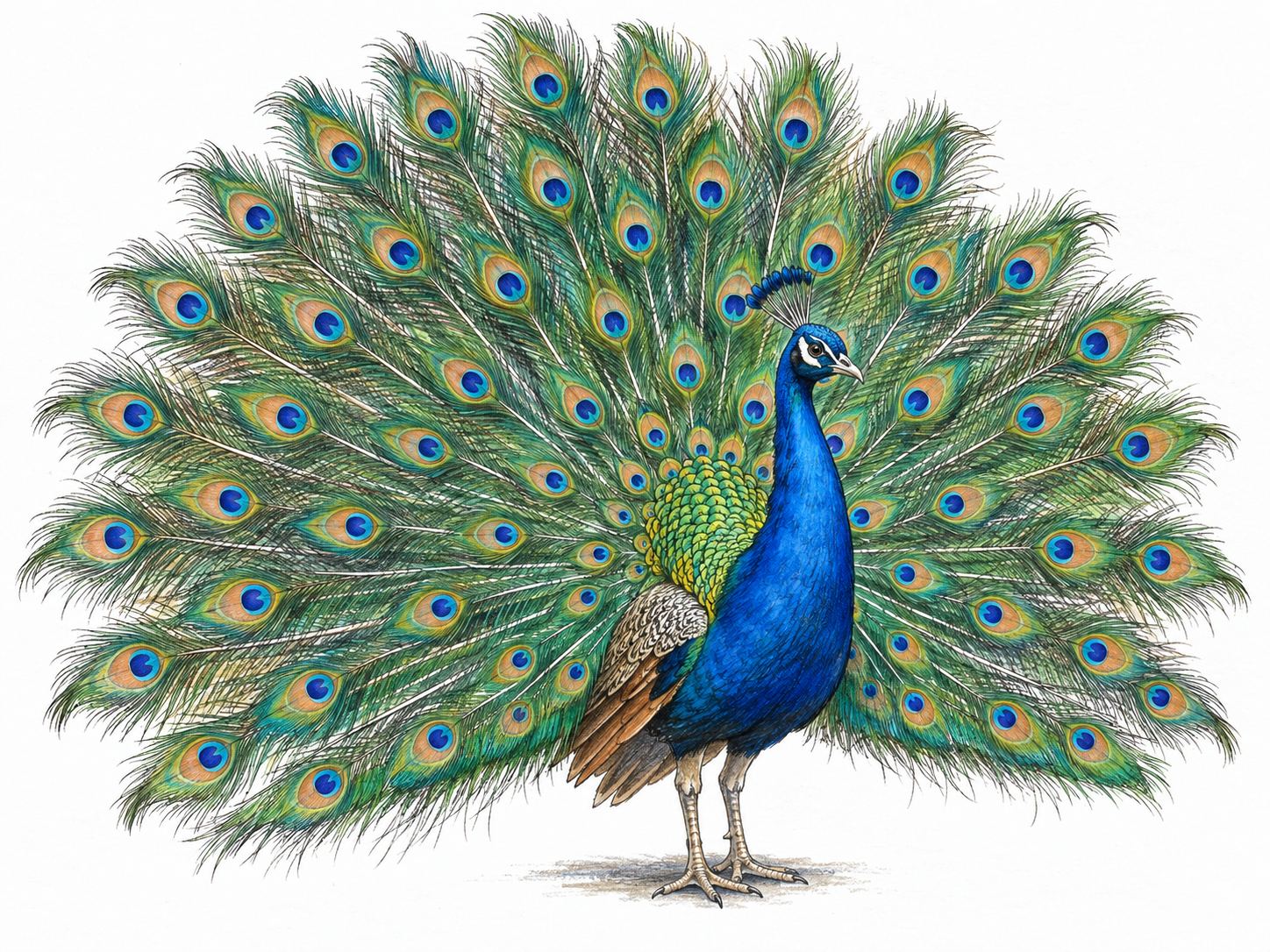 A male Indian peafowl displays a magnificent fully fanned train, its rich blue neck and jewel-colored eyespots making brilliant color and impressive beauty immediately visible.