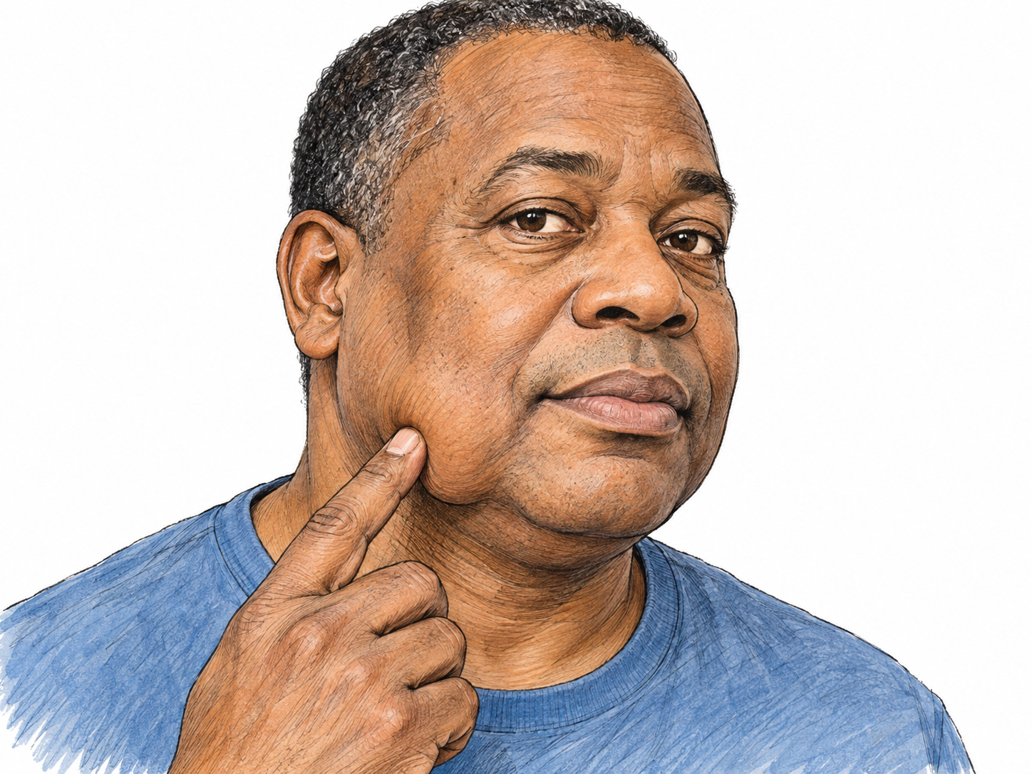 A close three-quarter portrait of a fleshy-faced man lightly indicating his lower cheek beside the jaw with one fingertip.