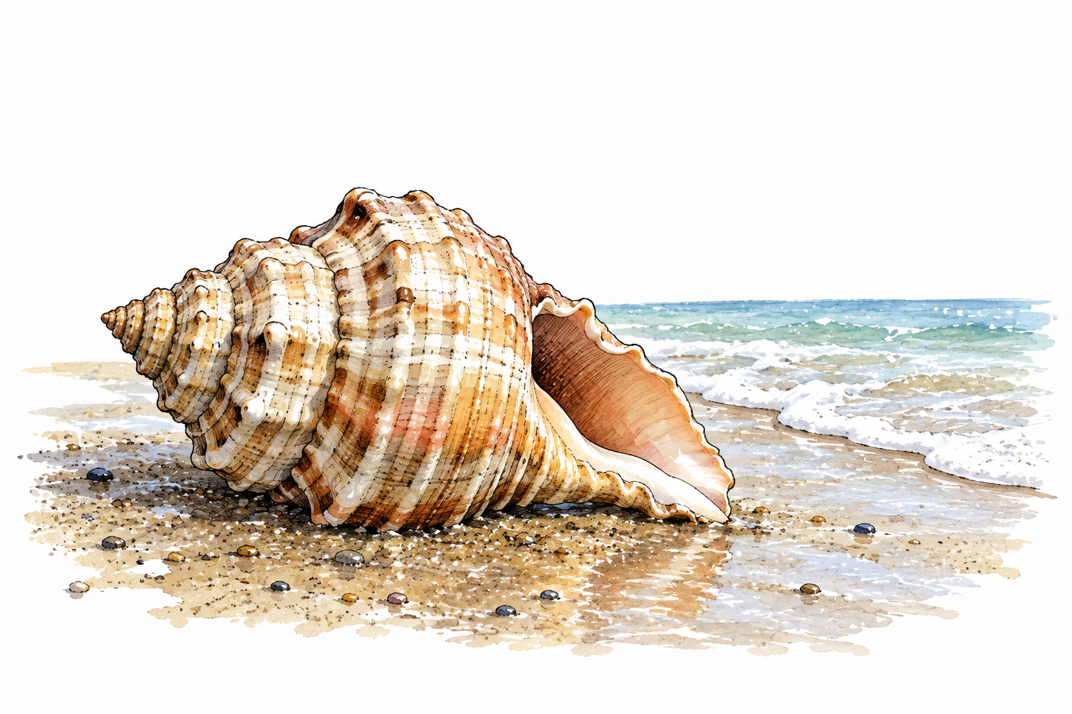Detailed ridged marine seashell with visible opening resting on wet beach sand, natural color.