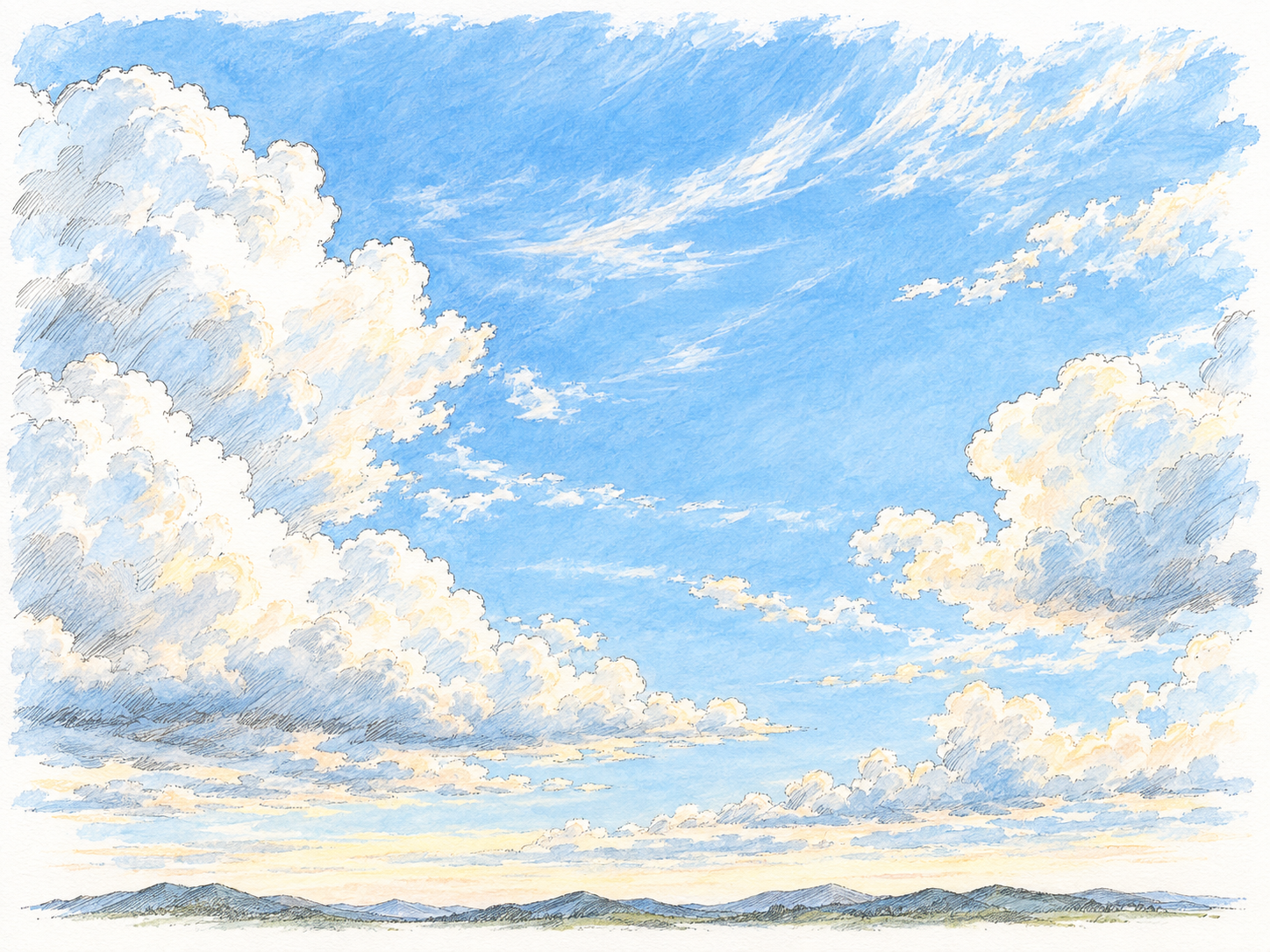 An expansive blue sky with high, softly layered clouds above a very low, distant horizon, making the heavens themselves the unmistakable subject.