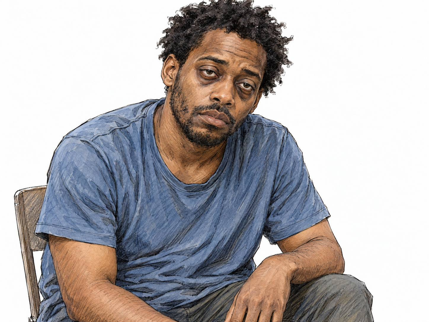 A close three-quarter portrait of a visibly worn young man, with heavy eyelids, dark under-eye circles, drawn cheeks, unkempt hair, and slumped shoulders.