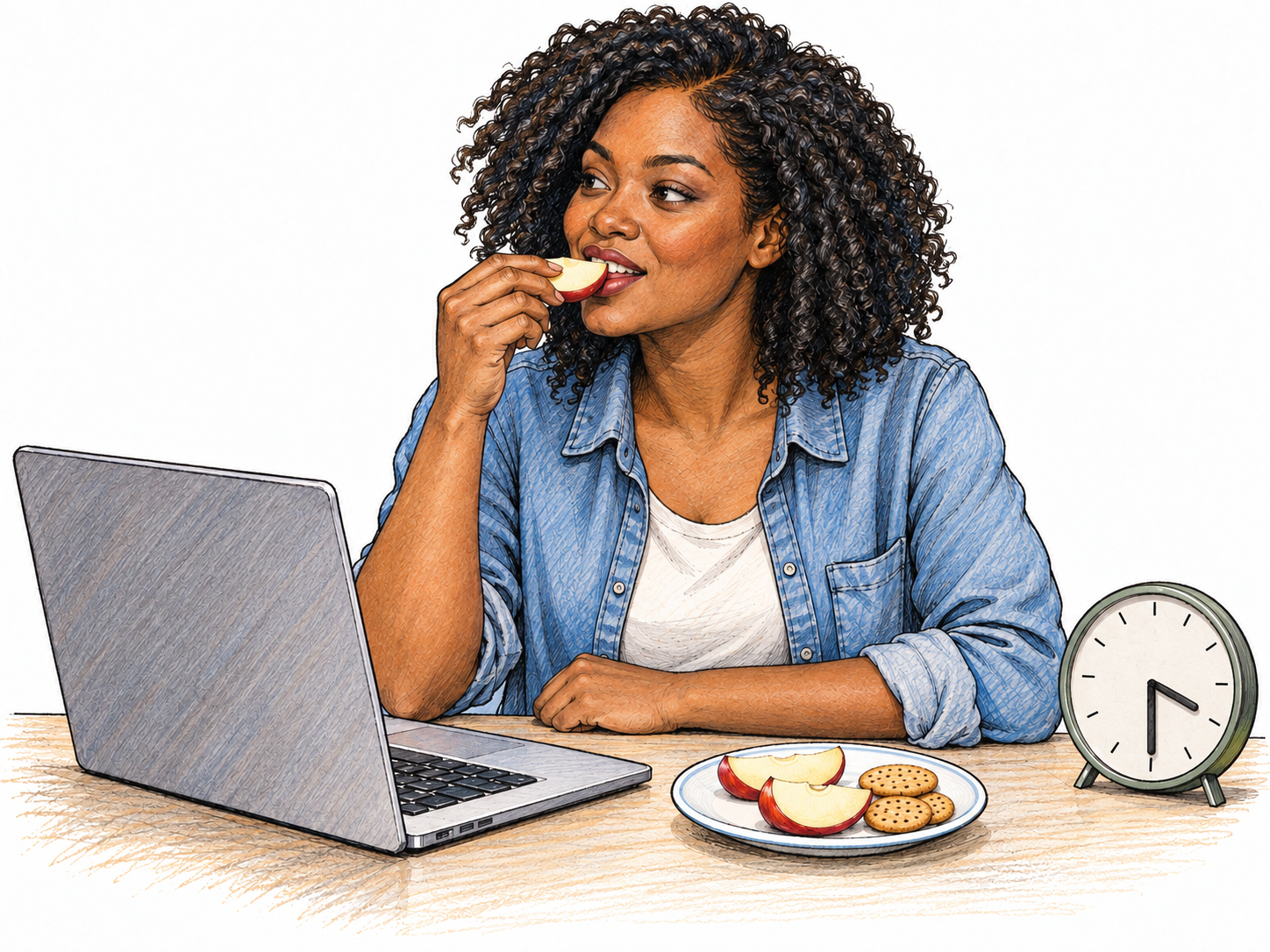 A young woman pauses her desk work in midafternoon to eat a small apple wedge, with only a few crackers and apple wedges on a little side plate.