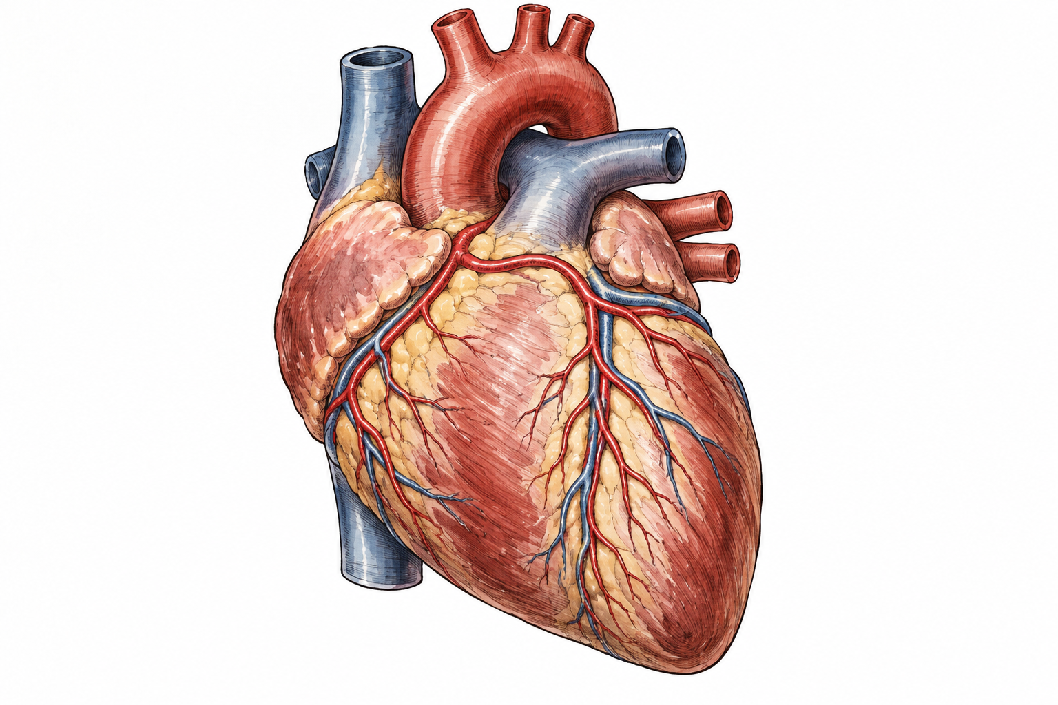 Clean anatomical heart illustration emphasizing branching coronary blood vessels on its outer surface, no labels.