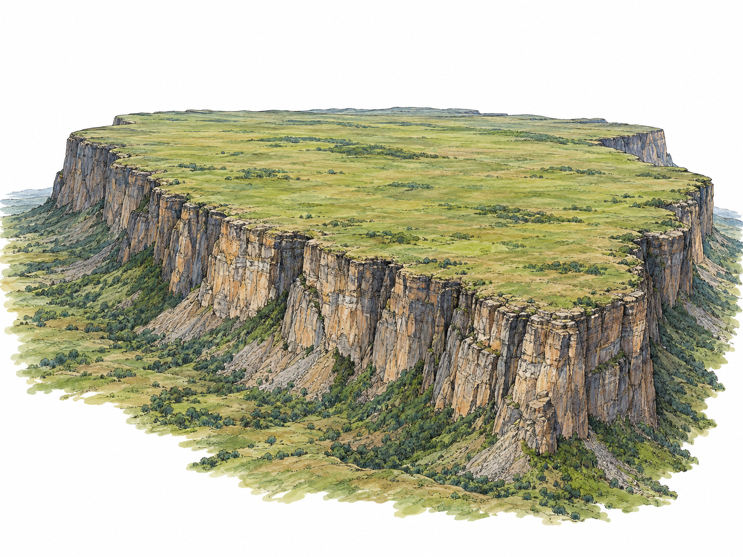 An elevated tableland with an expansive, nearly level top and steep rocky sides descending to visibly lower surrounding terrain.