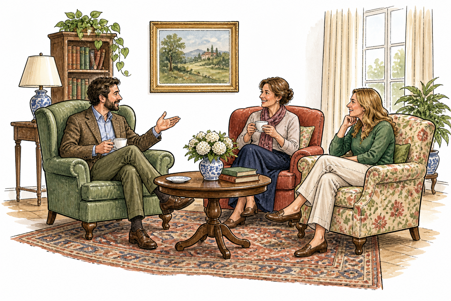 A welcoming traditional sitting room with armchairs small table and visitors conversing.