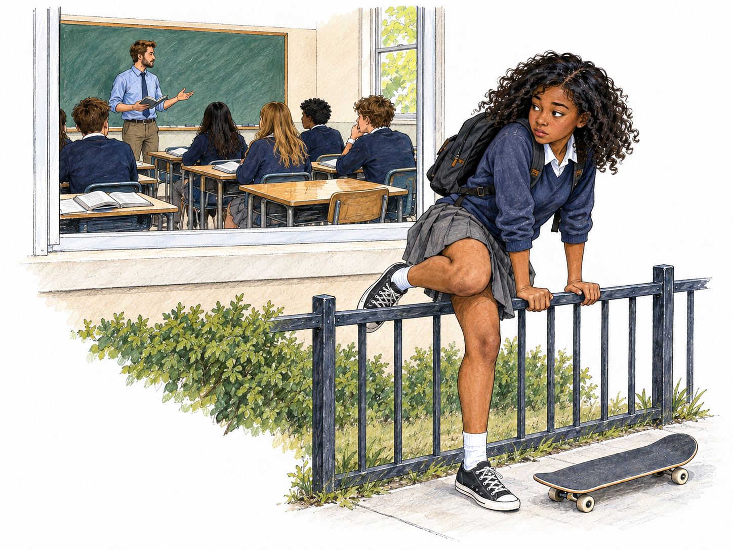 A schoolgirl slips away over the schoolyard fence while a lesson is visibly in progress behind her.