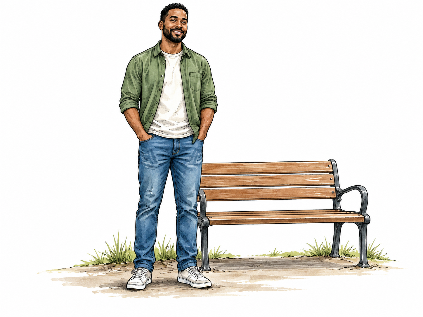 An adult stands upright on both feet beside a park bench, shoulders naturally aligned, entire feet and posture visible.