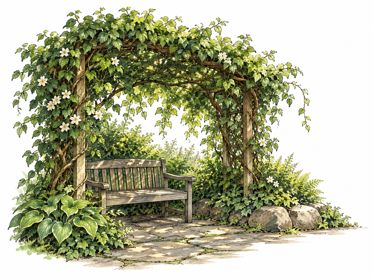 A shaded leafy garden bower with climbing vines arching over a bench.