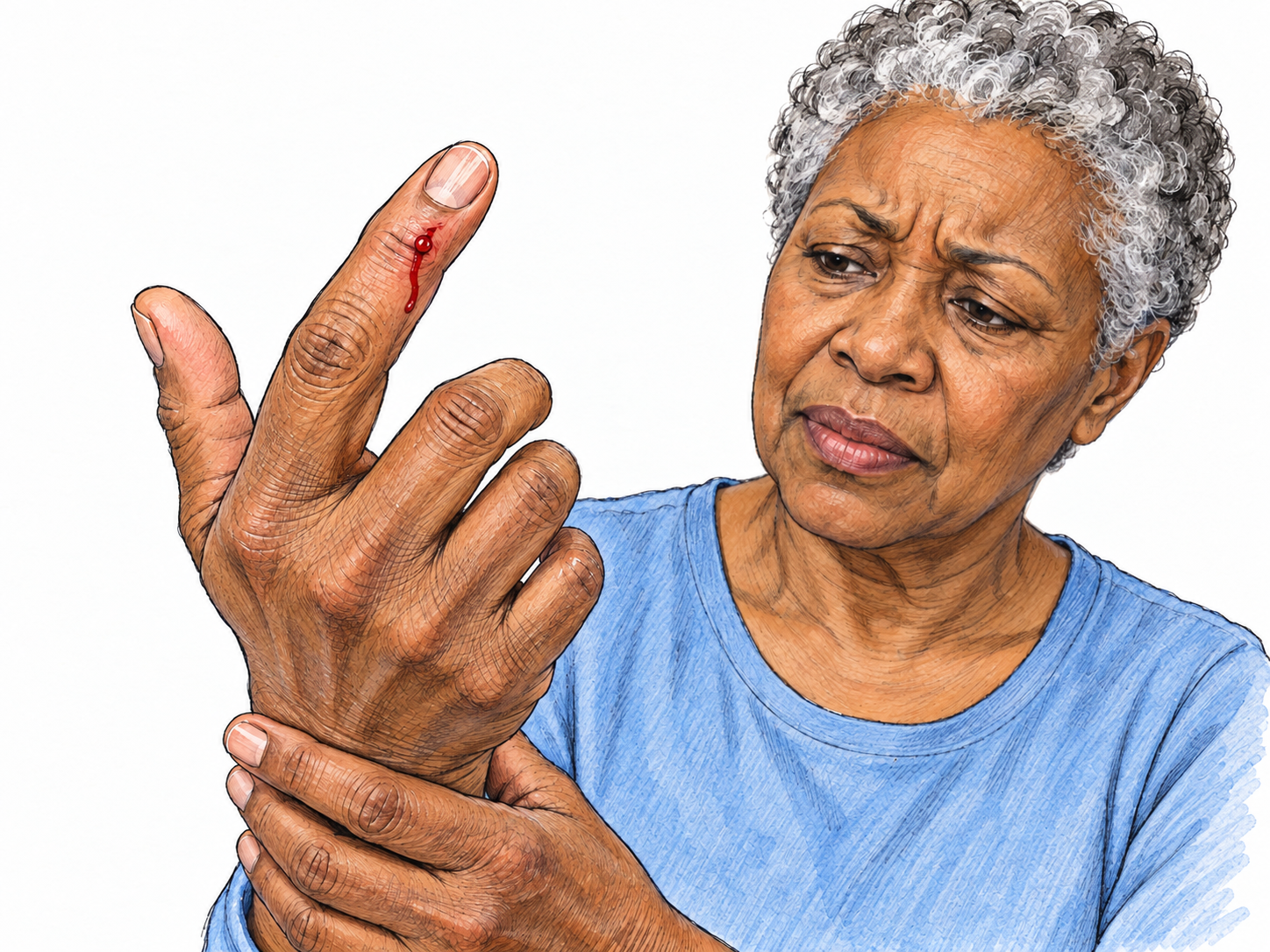 A woman holds up a finger with a small fresh cut; a bead of blood emerges from the cut and a short red trail runs down the finger.